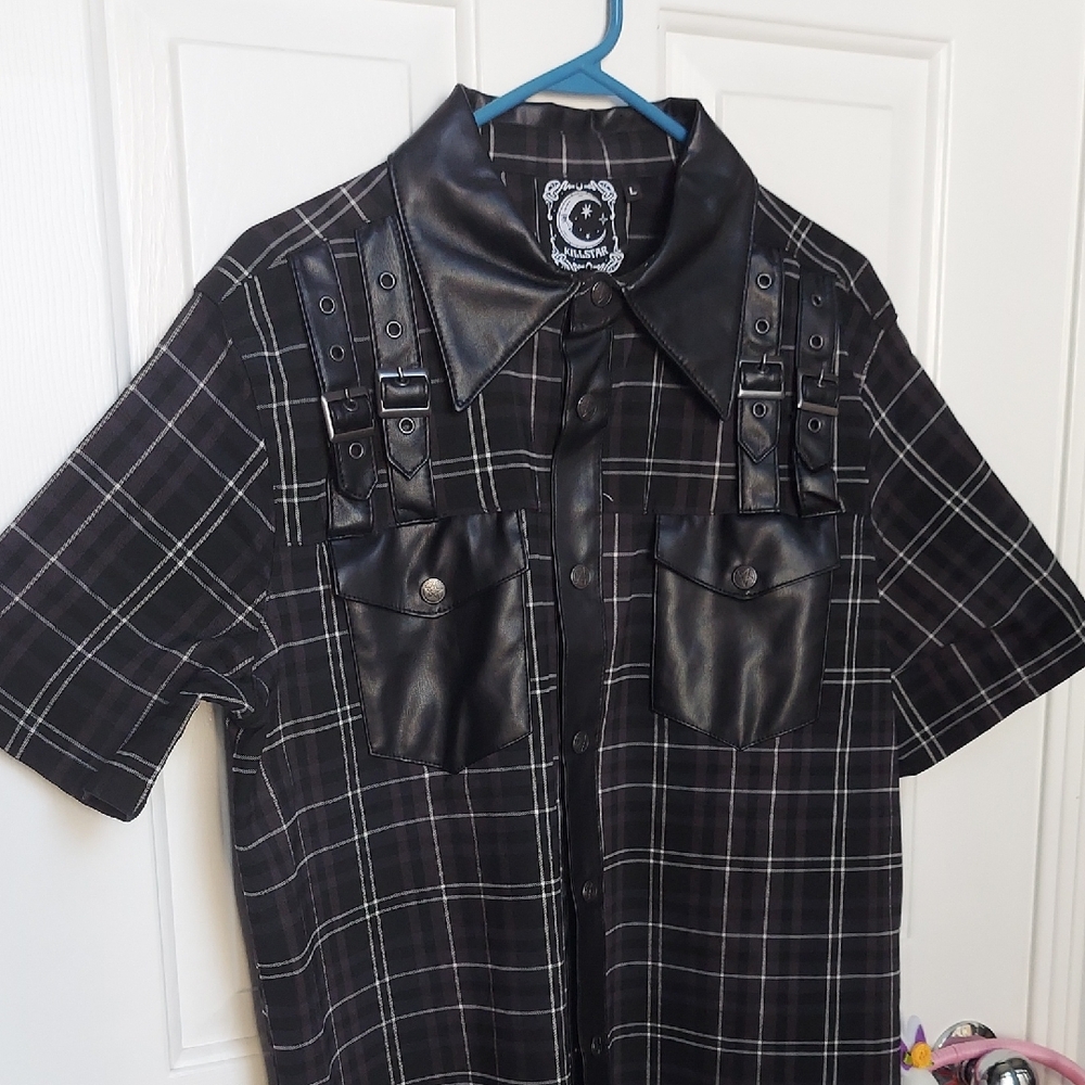 Killstar Black Plaid Button-Up Shirt with Faux Leather Accents